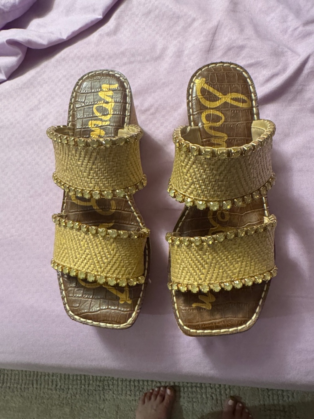 Sam Edelman Yellow Braided Bead-Trim Slide Sandals